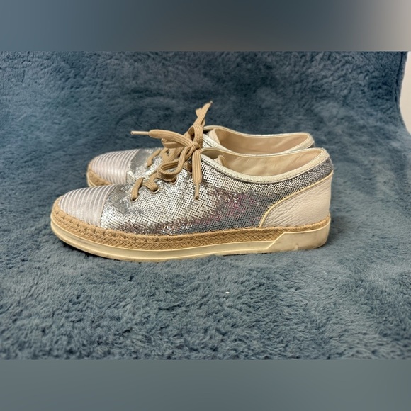 TOD'S Silver Sequin Espadrille Lace-Up Sneakers Sz 36.5/6 Quiet Luxury Designer - Picture 6 of 11